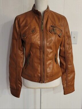 Frida G Fitted Women's Tan Faux Leather Moto Jacket with Zip Pockets